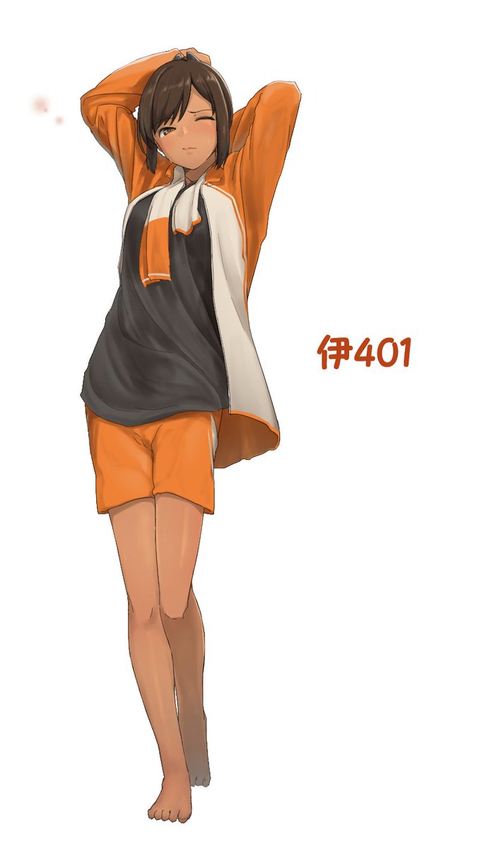 i-401 (kancolle) 1girl solo orange shorts barefoot white background shorts simple background  illustration images