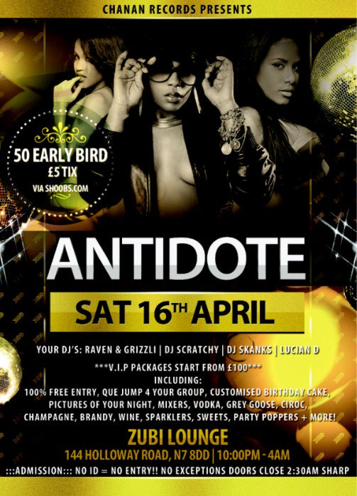LetsGoEntertain's tweet photo. 💉ANTIDOTE💉
SAT 16TH APRIL 2016 @ ZUBI LOUNGE

AIRES BDAYS 100% FREE ENTRY or https://t.co/LxfEXcOpWP https://t.co/MyT8M17Zgz @TheGrimeReport