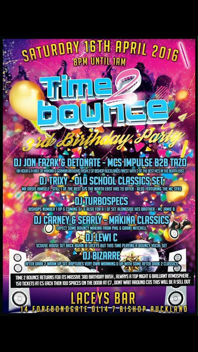 JohnnieZone_'s tweet photo. Hoping to get these Lacey's tickets later... Not a bad lineup for £5! #Laceys #Time2Bounce #3rdBirthday #Rave https://t.co/wmsptmaCRu