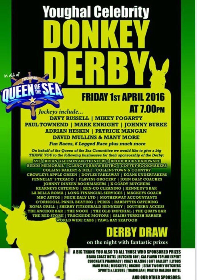 20 #Jockeys, led by <a href="/_Davy_Russel_/">Davy Russell</a> have been declared for <a href="/DonkeyDerbyYawl/">Youghal Donkey Derby</a> at 7pm in Youghal bit.ly/1M4ftdN
