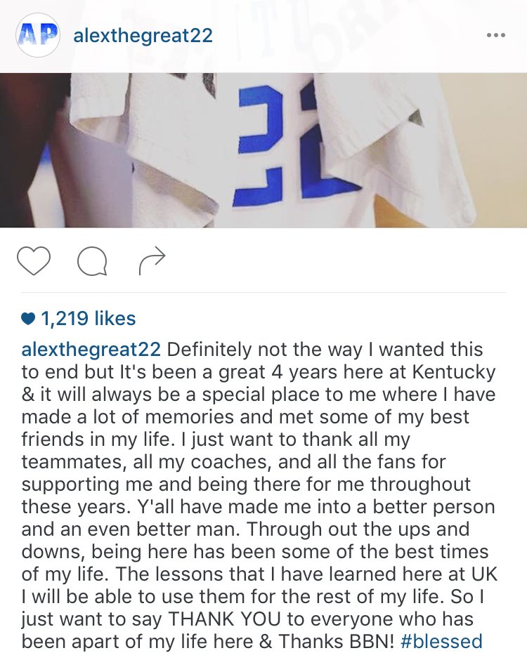 Big_BlueNation_'s tweet photo. Heartfelt message from Alex Poythress on Instagram. 

Thank you, @AlexTheGreat22 . 

You will be missed💙💙💙💙 https://t.co/7QAWtT9Vuk