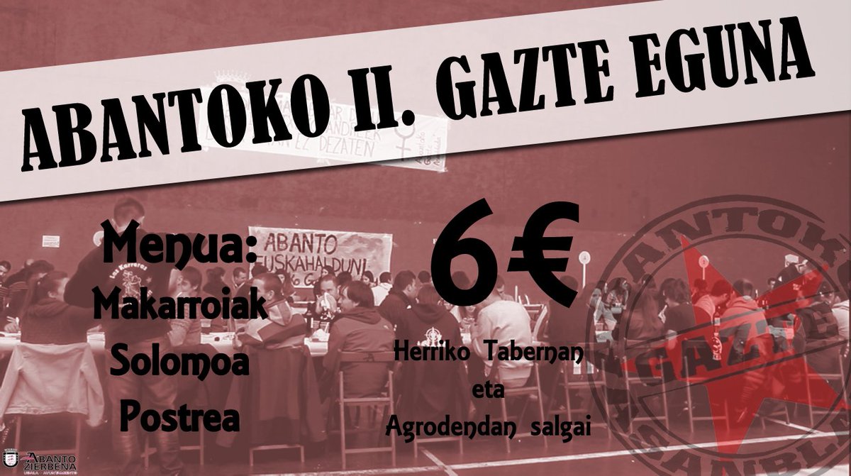 AbantokoGA's tweet photo. Abantoko II. Gazte Eguneko bazkarirako tiketak Herrikon eta Agrodendan salgai. Lortzeko azken eguna: martxoak 30. https://t.co/fYbDI78SkE
