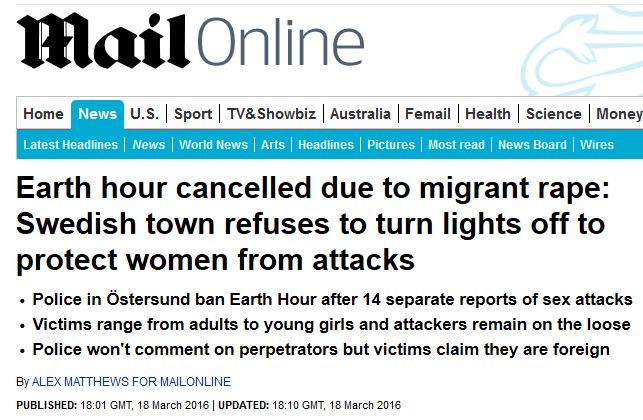 urbanFritz's tweet photo. #Schweden: Angst vor Vergewaltigungen bei #EarthHour 
#WDR bestreitet, und bez. DailyMail als rechtsextrem! #wdrfail https://t.co/wMHGcazS4r