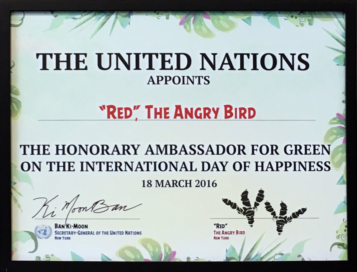 AngryBirds's tweet photo. The @UN has appointed Red The Honorary Ambassador for Green on #InternationalDayOfHappiness!
 #AngryBirdsHappyPlanet https://t.co/8jMwtYBH5N
