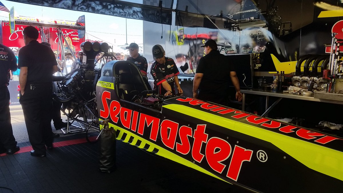 TeamKalitta's tweet photo. .@J_R_Todd is getting ready to warm up the @SealMasterNet @ToyotaRacing top fueler for E2! #NHRA #GoOnYello https://t.co/F5pGMAZZ2K