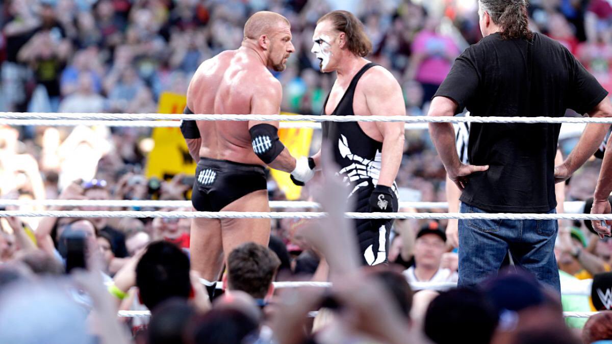 TripleH's tweet photo. Happy birthday to the standard bearer of #WCW, the icon, and soon to be #WWEHOF member. Happy birthday, @Sting! https://t.co/izjMnNjCOc