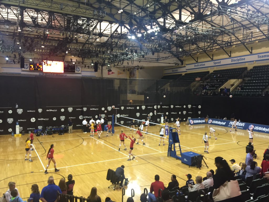 OTVAvolleyball's tweet photo. Warm up time for the All OT 14Open Championship match! #14AsicsRed vs #14Longwood #DisneyShowcase https://t.co/d3nv3RocSS