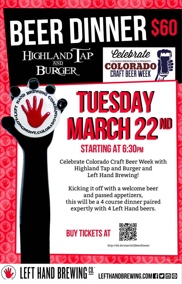 LEFTHANDdenver's tweet photo. This Tuesday @LeftHandBrewing &amp; @HighlandTandB are teaming up for what promises to be an amazing beer dinner! #COCBW https://t.co/KDJ9ouwKeB