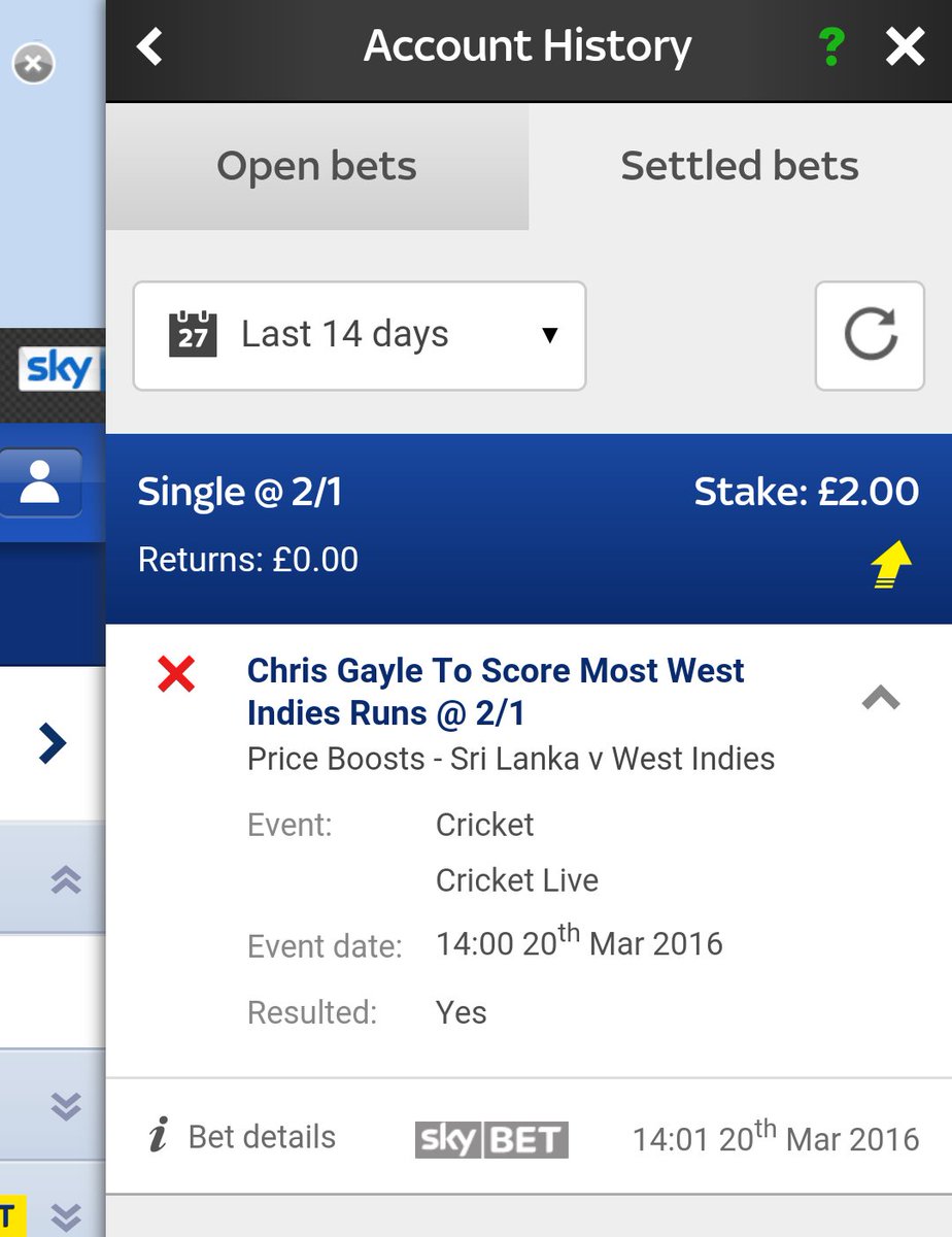 MichaelSmithMcr's tweet photo. @SkyBet Placed this bet but turns out Gayle couldn't come out to bat at all due to injury. Isn't this a void bet? https://t.co/PeEs7R1mYI