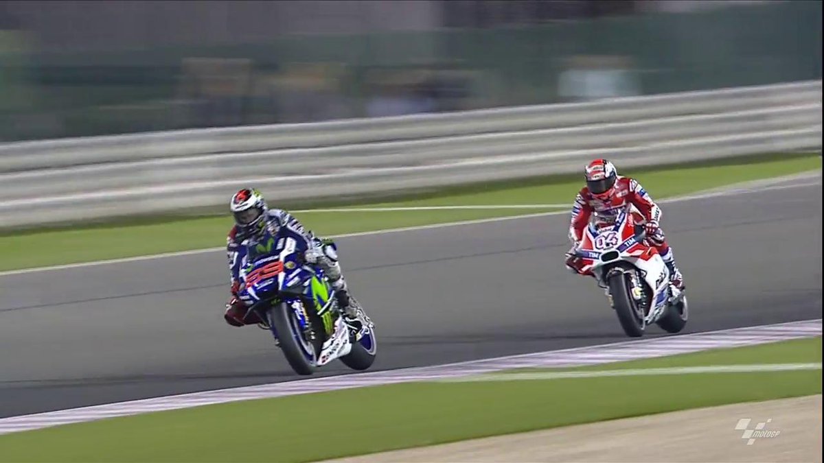 MotoGP's tweet photo. #JL99 moves back into the lead ahead of #AD04. Waiting patiently behind them, #MM93 and #VR46. 13 laps left #QatarGP https://t.co/xi8trdu0PB