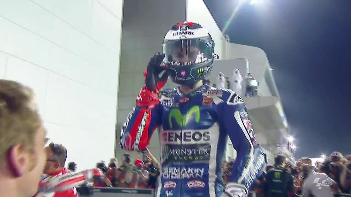 MotoGP's tweet photo. To say #JL99 is happy with the win, would be an understatement. A classy ride from the reigning champion. #QatarGP https://t.co/oG4L3iFmS8