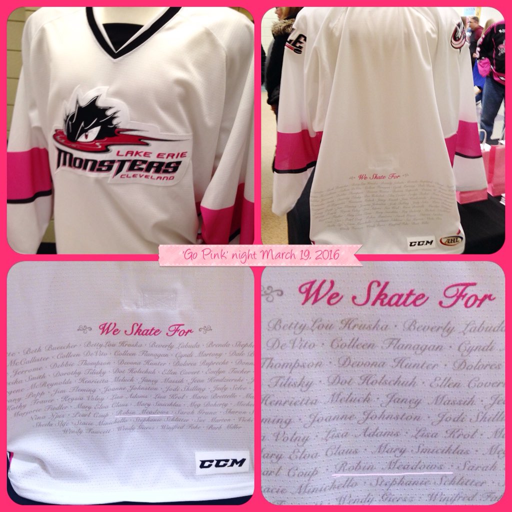 survivor2times's tweet photo. #Breastcancersurvivors names on back of @LGHL_Monsters jerseys. Mine, was name on it. #jersey #quickenloansarena https://t.co/ZmfkjniLfu