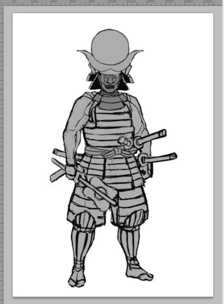 次に描くのはこの甲冑。分かる人には前立てでネタバレする。
甲冑のデザインを見せたい絵に動きは付けないが、
この中の人は静的な人物という印象が強いので丁度いい。 