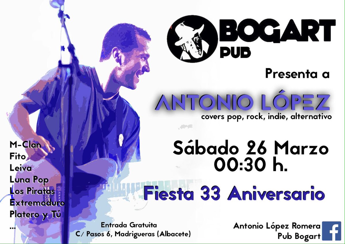 Se acerca el 33 aniversario Pub Bogart. Viernes 25-M <a href="/AndresHonrubia/">Andrés Honrubia</a> y <a href="/DjRicardoPanos/">Ricardo Paños</a> y sábado 26-M conciertazo!!