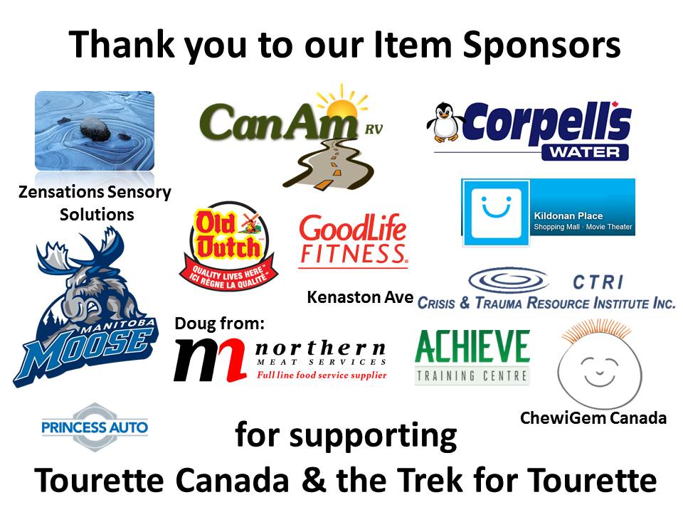 Trek4Tourette's tweet photo. We are thankful for our items sponsors! @corpellswater @olddutch @CanAmRV @KildonanPlace #trekfortourette https://t.co/gCNkGYnCgh