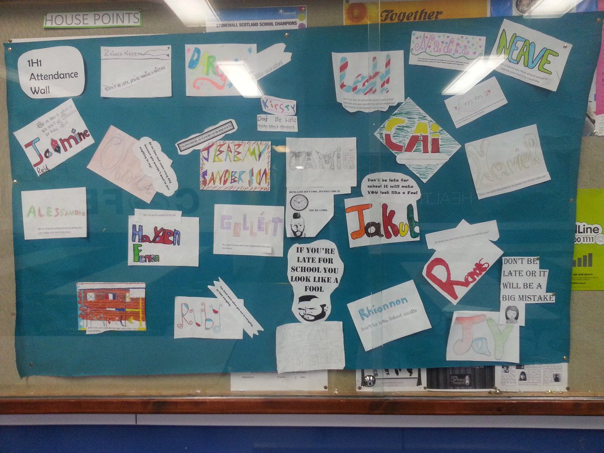 harlaw_academy's tweet photo. #heightenedexpectations @harlaw_academy display of pupil ideas to reduce lateness to school/class https://t.co/wHn3U844JV