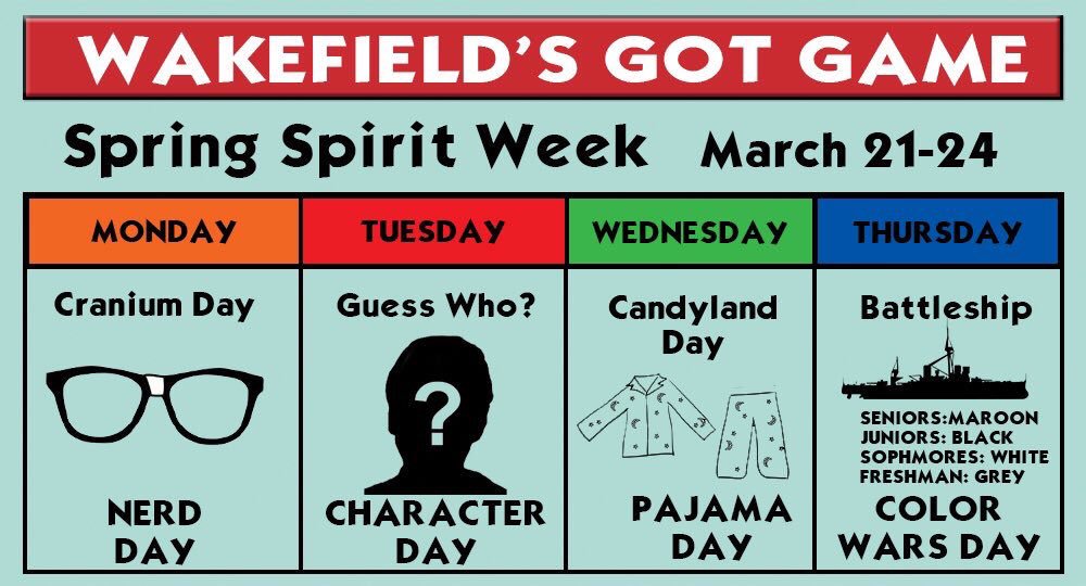 wakefield_stuco's tweet photo. WACKOS don't forget about spirit week this week! tag us &amp; add #WHSspring16 to your pics for a chance to win spot 7! https://t.co/Y7vtIZyTug