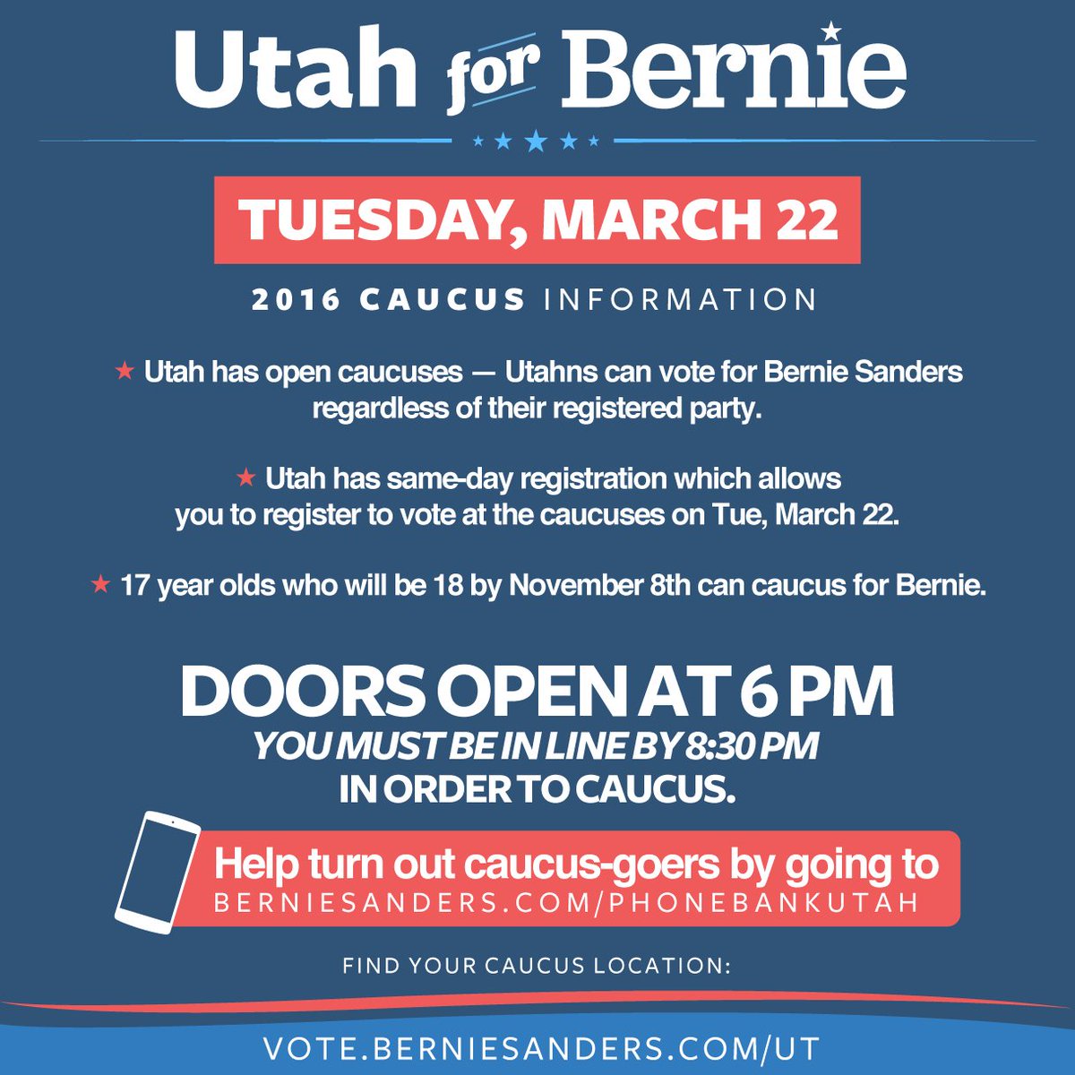 BernieSanders's tweet photo. Utah, join the political revolution. Caucus for Bernie on Tuesday, March 22. #ByThePeople https://t.co/GJ8SaK738t