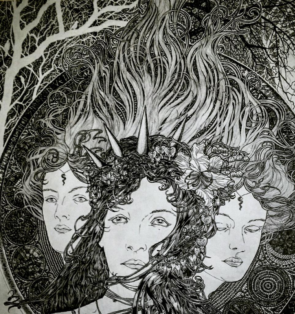 KimIllustrate's tweet photo. New update on hecate picture. The evoking spell is now done - just the reverse dotwork on trees to do - brain hurts! https://t.co/KGPo5VQZxm