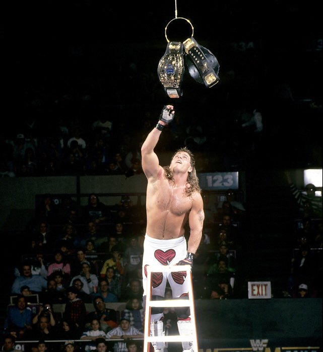 WWE__History's tweet photo. March 20th 1994, WM10. Razor Ramon beat HBK to win the IC Title in the first ever televised Ladder Match in the #WWE https://t.co/k5dWFUrRi9