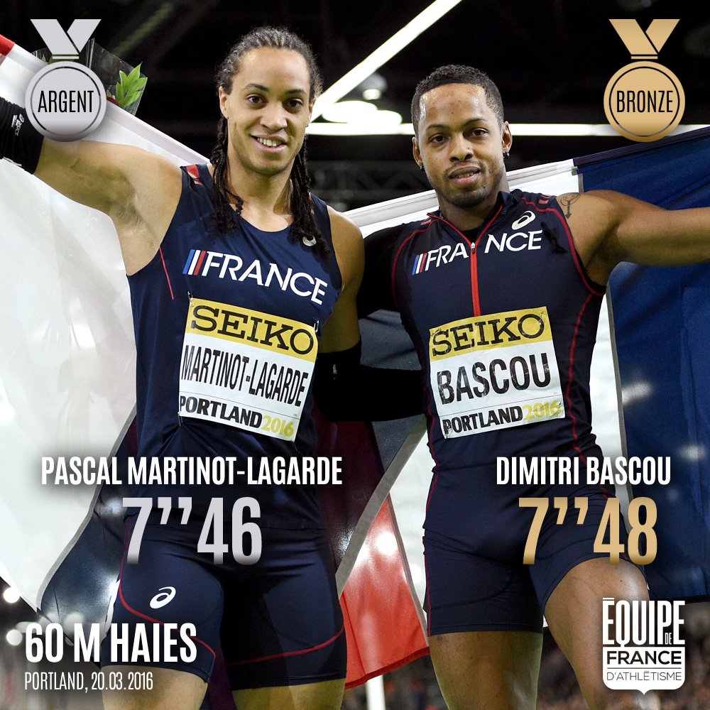 FFAthletisme's tweet photo. Pascal Martinot-Lagarde (7''46) et Dimitri Bascou (7''48) en argent et en bronze sur 60 m haies à #Portland2016 ! https://t.co/zpXTWr68ji