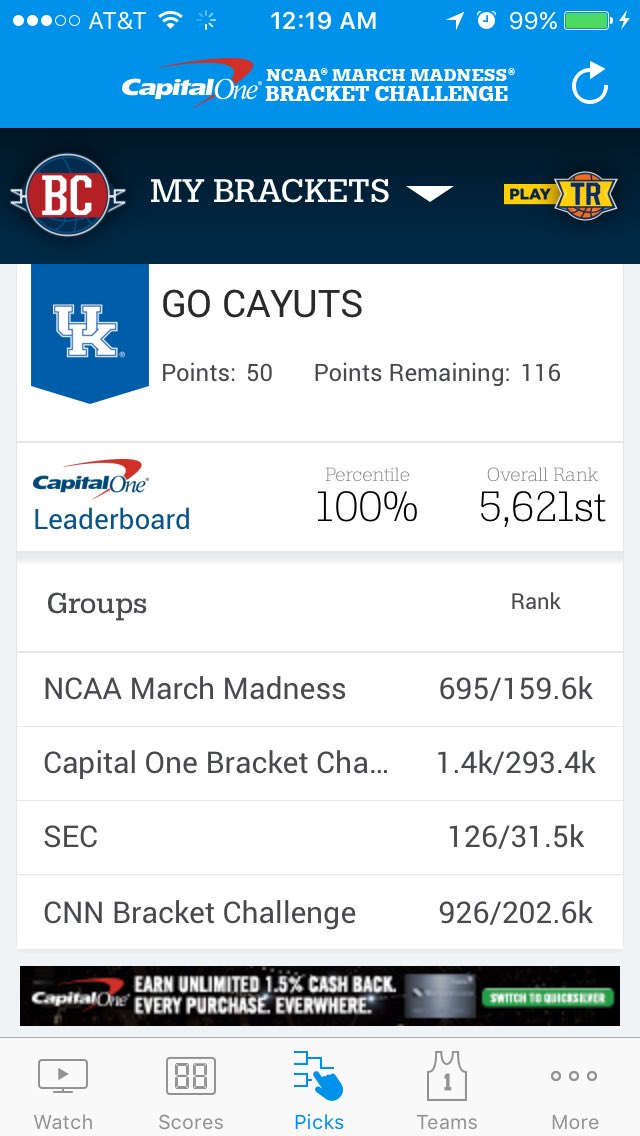 GMS0623's tweet photo. Both excited and pissed that although UK lost my bracket is still in the 100th% with 50pts.... #MarchMadness https://t.co/xvNvFrZMF6