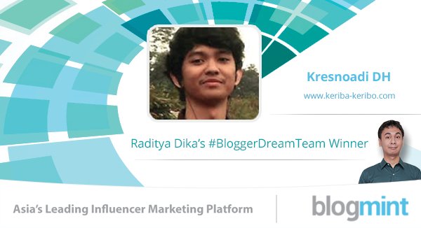 Blogmint_ID's tweet photo. Selamat untuk @keribakeribo udah jadi bagian tim blogger Impiannya @radityadika #BloggerDreamTeam https://t.co/pIoHFge5MG
