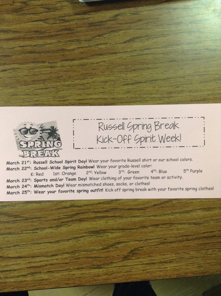 Don't forget spirit week!  Let's kick it of by celebrating Monday in our Russell gear! #CelebrateMonday