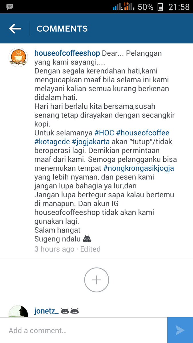 Kehilangan tempat nongkrong sekaligus tempat berbagi... <a href="/HouseCoffeeShop/">WarKop|HOC|jogja</a> kok tutup nya dadakan banget??