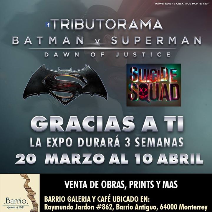 robin_moreno's tweet photo. #BatmanVSuperman GRACIAS A TI del 20 MARZO al 10 ABRIL #Tributorama solo en #BarrioGaleriayCafe #SucideSquad https://t.co/qbkn86D3Bd