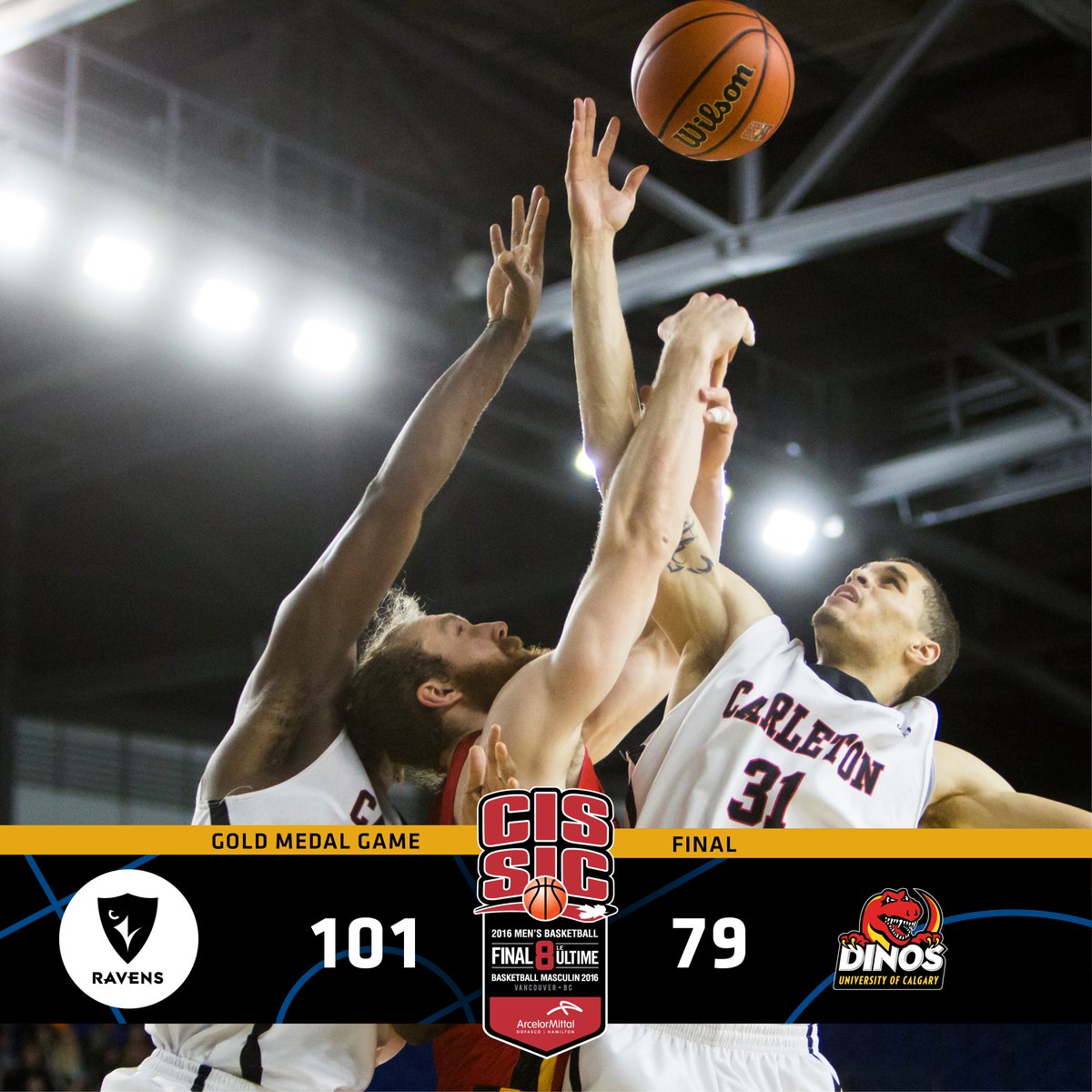 USPORTS_Bball's tweet photo. MBB @CURavens win the @ArcelorMittal_D #CISFinal8 National Championship, beating @UCDinos 101-79. https://t.co/yC9tfF08rc