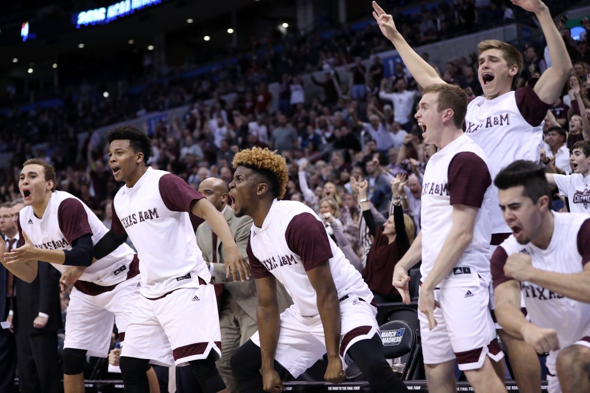 SECNetwork's tweet photo. SWEET COMEBACK for Texas A&amp;M!

@AggieMensHoops goes on an 18-2 run to win in Double OT, see you in the Sweet 16 Ags! https://t.co/EHqzcgkBtx
