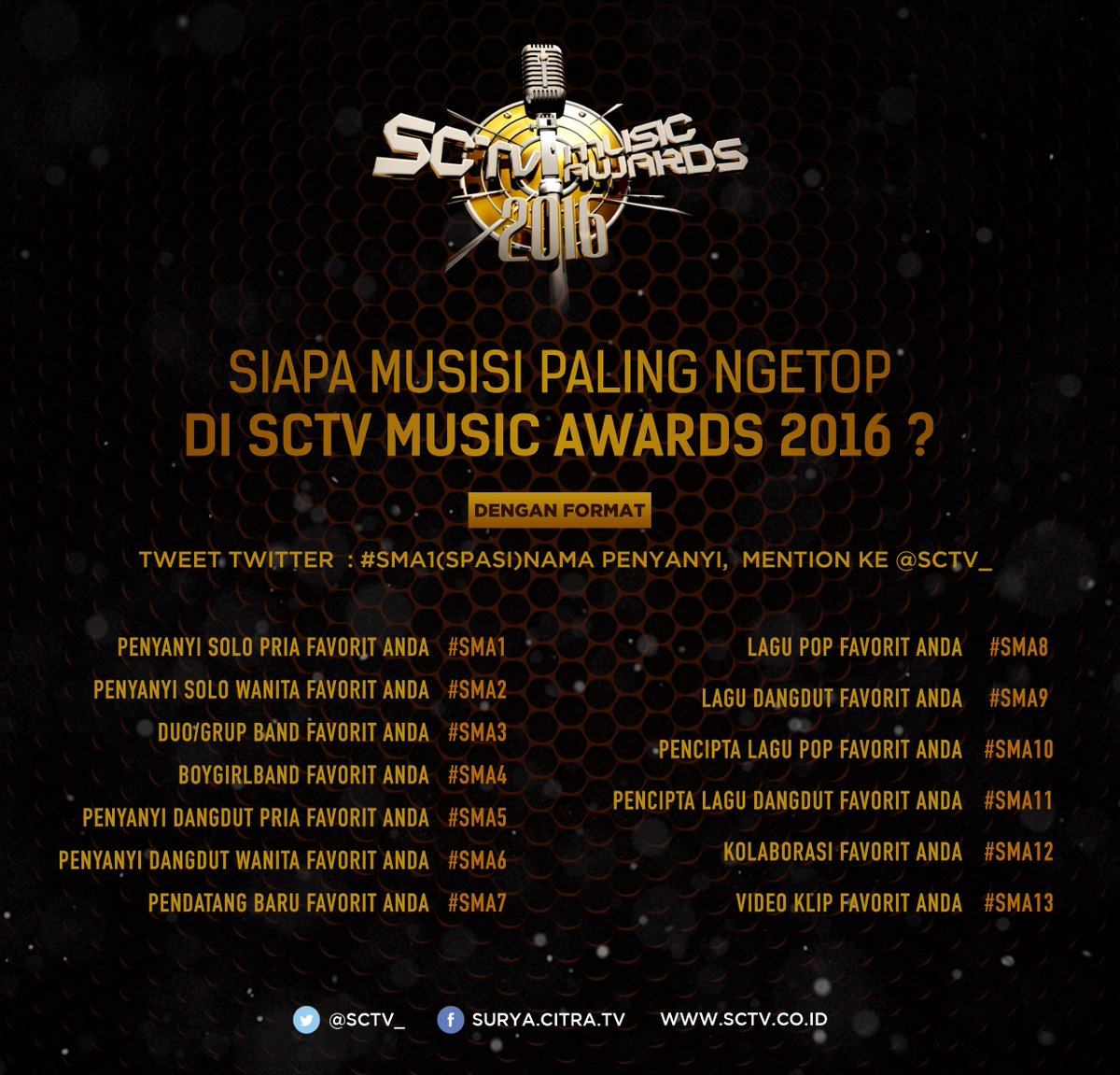 SCTV's tweet photo. Ikutan voting SCTV Music Awards 2016, caranya tweet #SMA6(spasi)penyanyi dangdut wanita favorit Anda.

https://t.co/ncwNE1CAYg