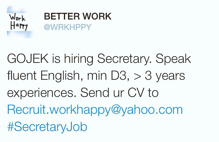 Wanted SECRETARy @ GOJEK. Pls feel free to RT.
Cc: <a href="/AdvertisingUI/">Advertising UI</a> <a href="/FISIP_UI/">FISIP Universitas Indonesia</a> @Info_Loker <a href="/KerjaKreatif/">Kerja Kreatif</a> <a href="/AtmaJayaIntl/">Atma Jaya Int'l</a>