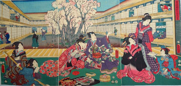 歌川豊広、【観桜酒宴図】、希少画集画より、状態良好、新品高級額装付 本日東京で桜が開花したということで、歌川国貞が描いた桜の浮世絵をご