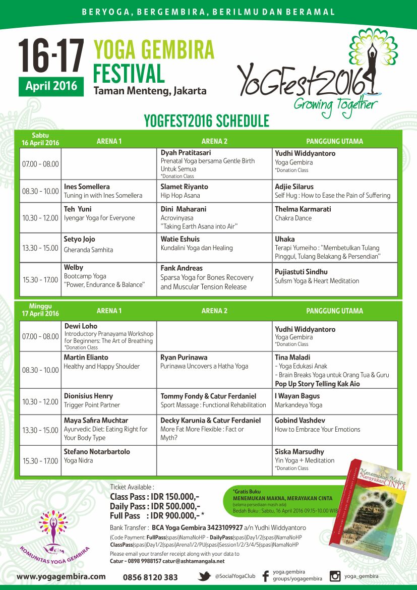 SocialYogaClub's tweet photo. 25 hari menuju #Yogfest2016! berikut jadwal kelasnya. Untuk tiket, hub Catur 08989988157. https://t.co/CCGTy1ktdB https://t.co/eHw3FWSmfp