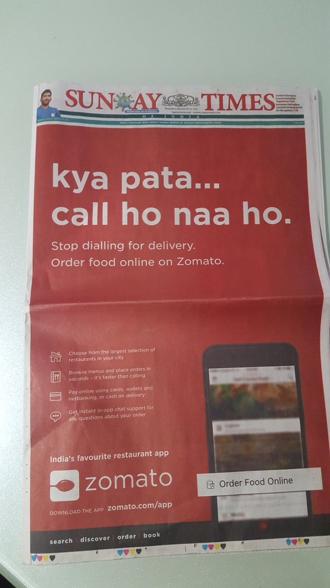 jilliancandida's tweet photo. Zomato online ordering ad on the Sunday Times #onahotday #homedelivery #missingthehustle #zoninjas @ZomatoUAE https://t.co/2LaSdlDovG