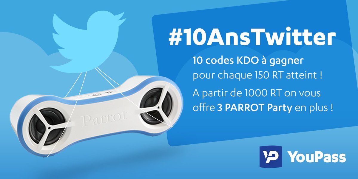 YouPassFR's tweet photo. #10AnsTwitter
Joyeux anniversaire @TwitterFrance 🎂
A vous de RT pour débloquer un max de KDO :D https://t.co/OwPVyi3tdt