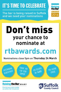 SuffolkRtB's tweet photo. Three days left to nominate in the Raising the Bar Awards - visit https://t.co/PXHEbojlkQ to complete yours now! https://t.co/ty8PxzXSua