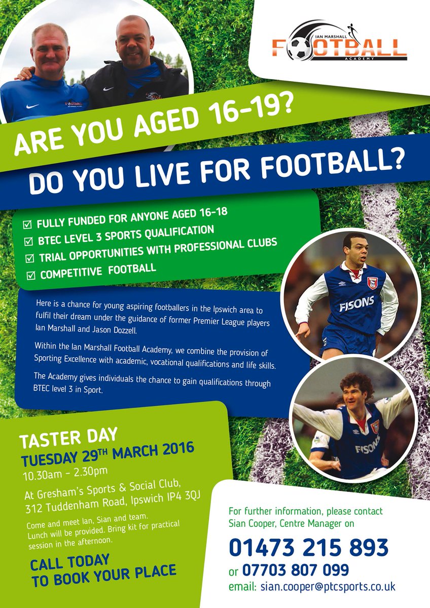 IMFootball_UK's tweet photo. 16-19?? LOVE SPORT ??

REMEMBER WE HAVE OUR TASTER DAY ON 29TH MARCH AT GRESHAMS SPORTS AND SOCIAL CLUB. https://t.co/hRCctVvVHN