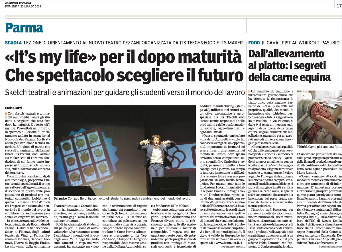CisitaPr's tweet photo. "IT'S MY #LIFE", lo spettacolo d'#orientamento organizzato da #ITS Tech&Food #Parma e #ITSMaker - Fornovo Taro. https://t.co/EDV5V2hcl6