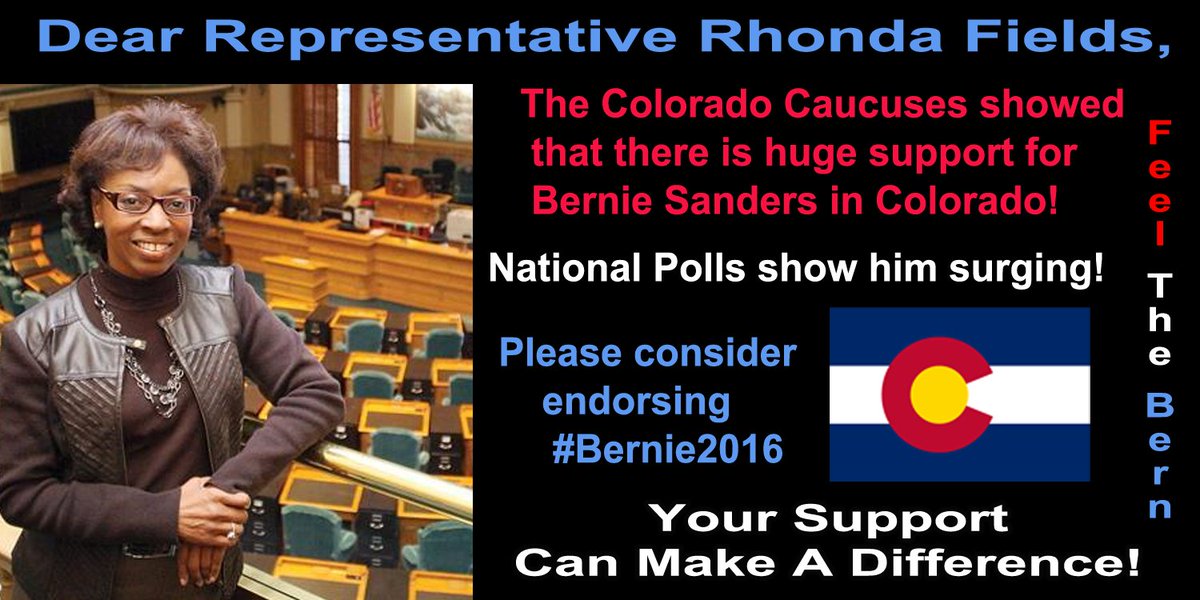 4OurRevolution's tweet photo. Dear @reprhondafields, The #COcaucus showed huge support for #Bernie2016 in Colorado. Please consider endorsing him. https://t.co/tx1wqAGxLa