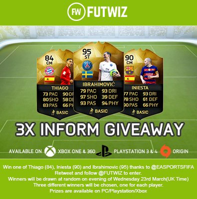 Win Thiago(84)/Iniesta(90)/Ibrahimovic(95)! Follow+RT to enter,winners drawn Wed 23rd March futwiz.com/en/news/articl…