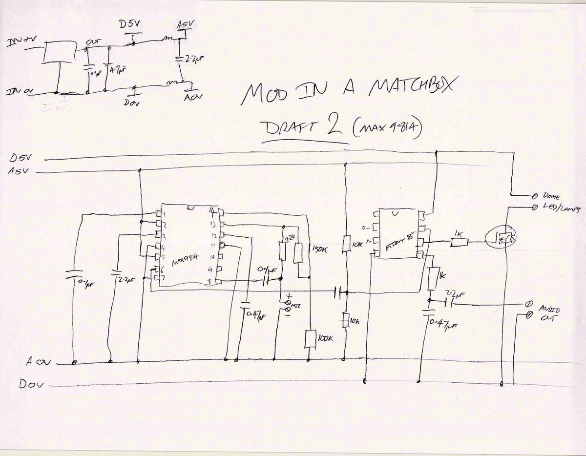 ModInAMatchbox's tweet image. Initial concept of Mod In A Matchbox Draft 2 circuit with @Maxim_IC MAX9814 mic amplifier #Dalek #VoiceModulator