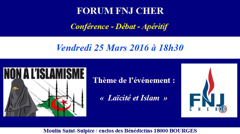 JulieApricena's tweet photo. Nouveau Forum #FNJ à #Bourges le vendredi 25 mars.
Au programme : " Laïcité & Islam"
#FNJCher #FNJCentre https://t.co/tLvNSh0uXi