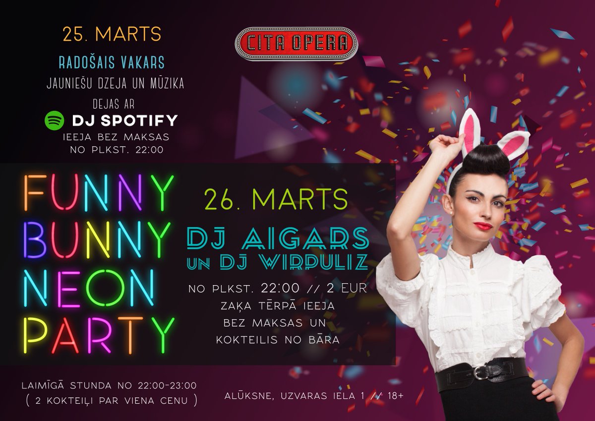Šo 5dien pēc ilgāka pārtraukuma "Citā operā" radošais vakars, bet 6dien crazy ballīte ar DJ Aigaru un DJ WirpuliZ!