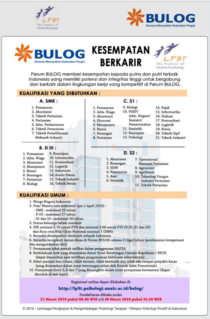 Barangkali ada yg mau kerja di Bulog. Ada info ini
