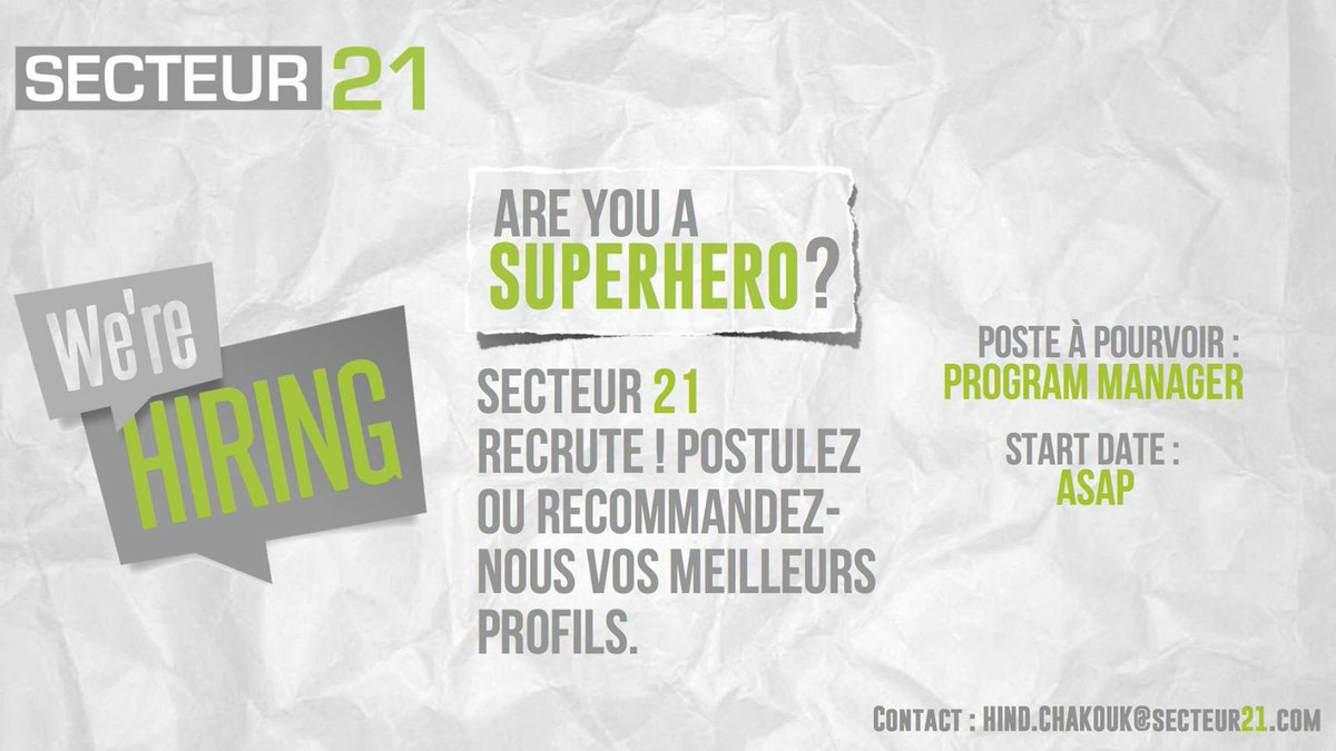 Secteur21's tweet photo. Vous voulez rejoindre une startup innovante ? Secteur 21 recrute ! Postulez, ou recommandez vos meilleurs profils. https://t.co/YEup3fxP5j