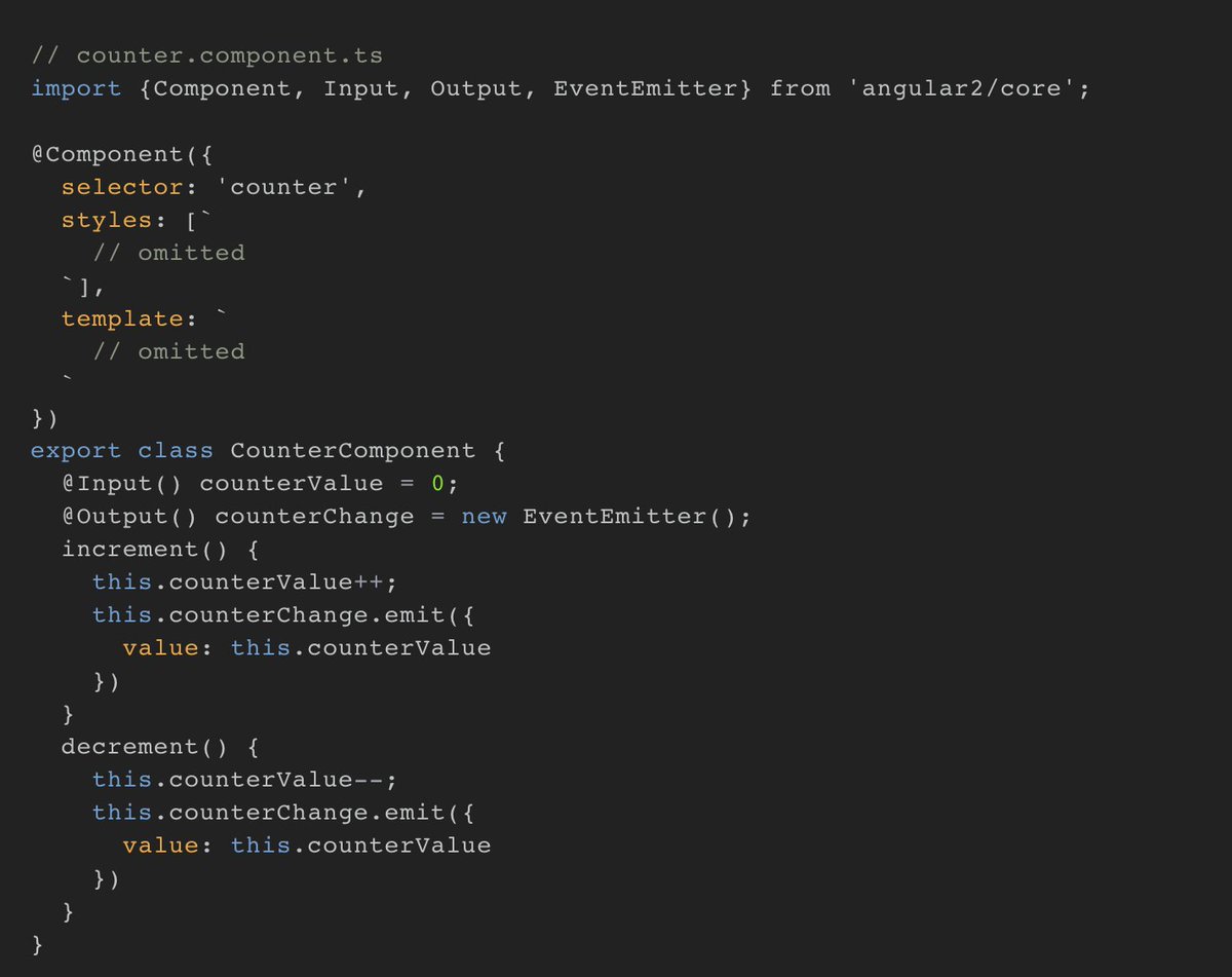 toddmotto's tweet image. Expose custom event properties in Angular 2 Components with @​Output and EventEmitter: toddmotto.com/component-even…