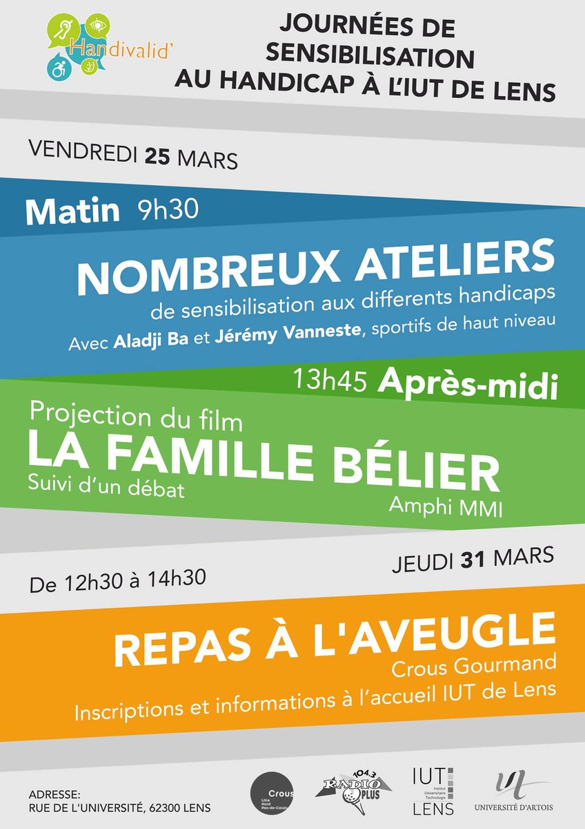 IUTdeLens's tweet photo. Cette année, Les journées #Handivalid auront lieu les 25 et 31 mars à l'IUT. ♿
programme complet 🔽 https://t.co/9EXATrg4pA
